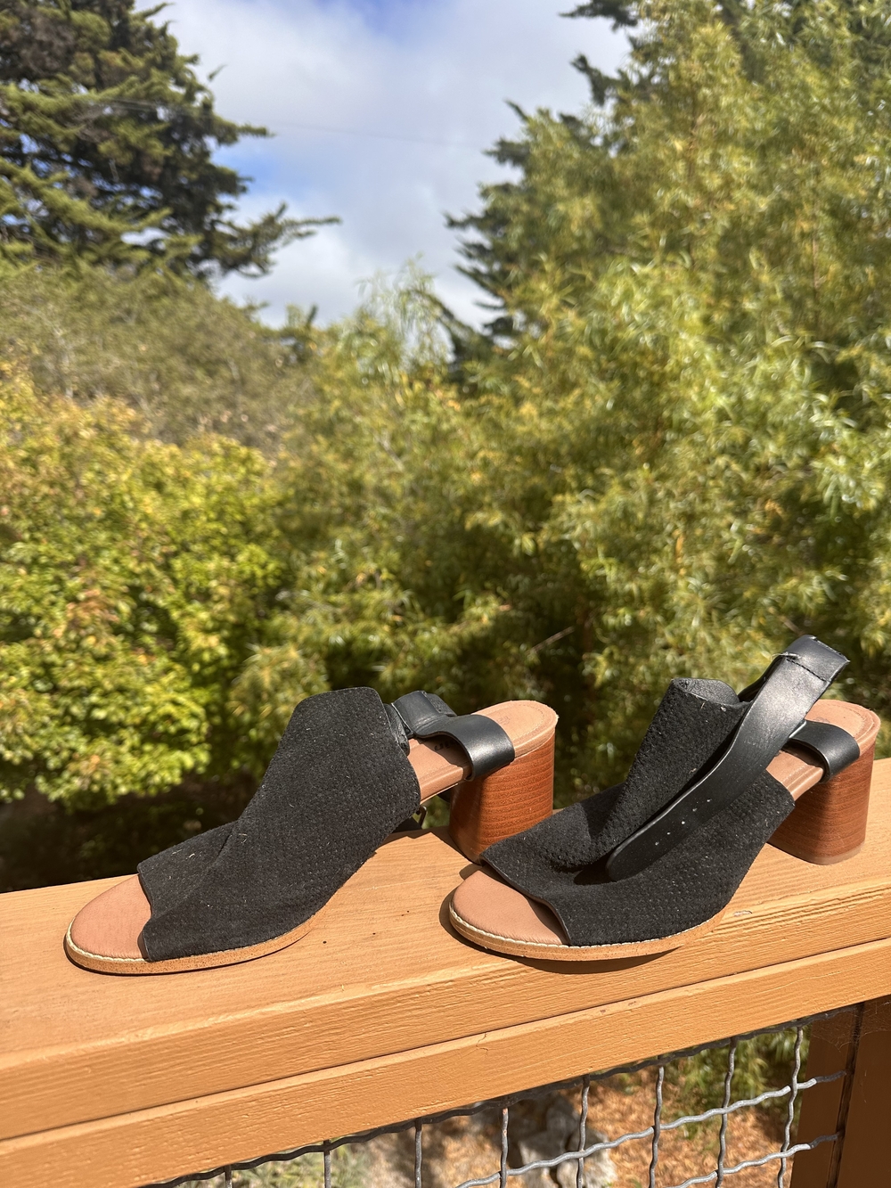 Farylrobin Black Suede Open-Toe Slingback Block Heel Mules